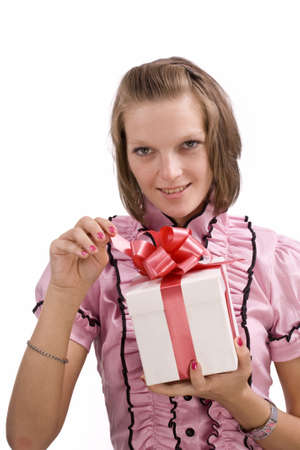 woman with gift box  isolated in whiteの写真素材