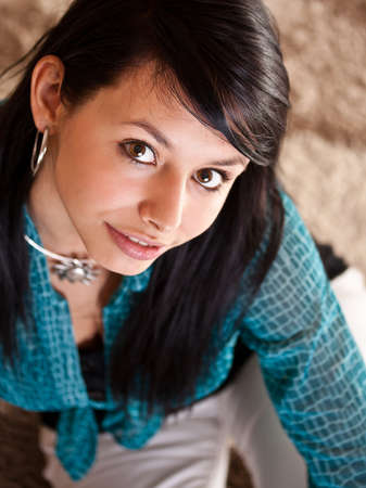 happy woman smiling portrait isolated over a white background の写真素材