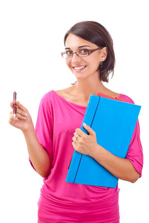 Female student isolated over a white background の写真素材