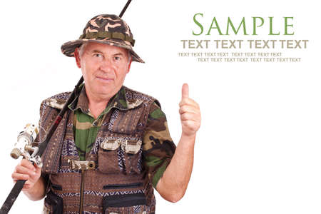 Senior fisherman isolated on white background の写真素材