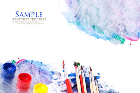 Paint brushes with opened paint bucketsの写真素材