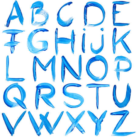 Blue hand-written alphabet isolated over white background の写真素材