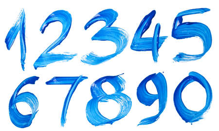 Blue hand-written number isolated over white background の写真素材