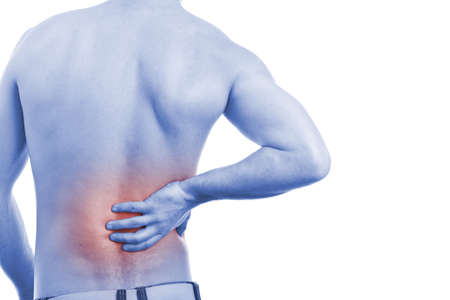 Young man with back pain blue photo with red as a symbol for the hardening 