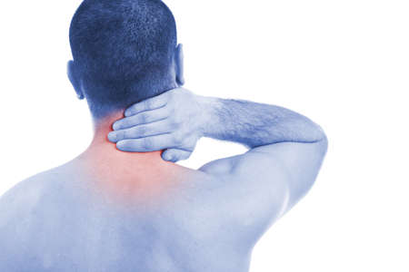 Young man with neck pain, isolated in white, blue photo with red as a symbol for the hardening の写真素材