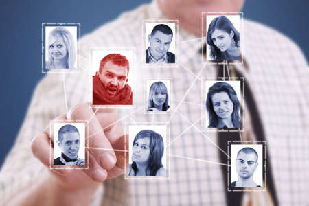 business man hand pressing Social network picturesの写真素材