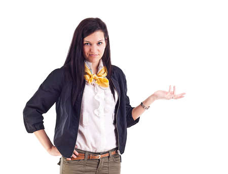 Businesswoman shrugging with I do not know gesture, isolated on white background 