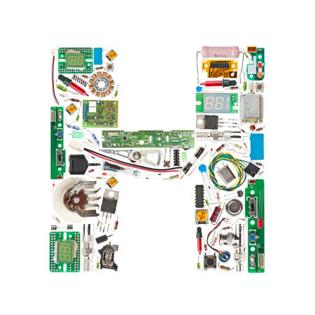 Letter 'H' made of electronic components isolated in white backgroundの写真素材