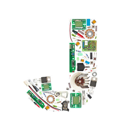 Letter 'J' made of electronic components isolated in white background