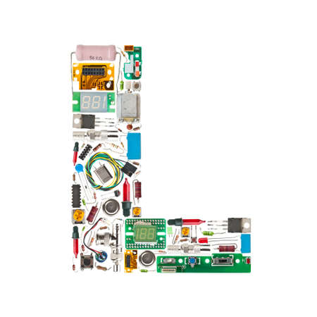 Letter 'L' made of electronic components isolated in white background
