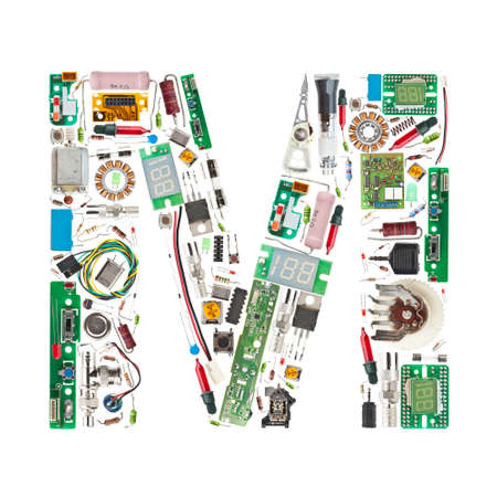 Letter 'M' made of electronic components isolated in white background