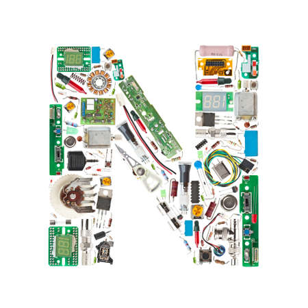 Letter 'N' made of electronic components isolated in white backgroundの写真素材