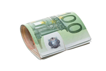 Roll of money and bow on white background 
