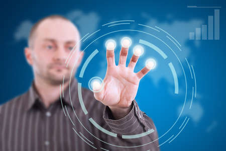 Young man in futuristic interface