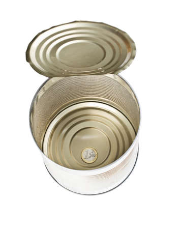 Side view of an empty silver metal can is open