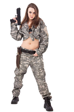 Youngfemale soldiers with gun, isolated on white backgroundの写真素材