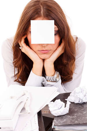 Tired business woman with note papers 