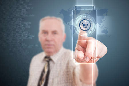 Man hand pressing shopping cart icon の写真素材