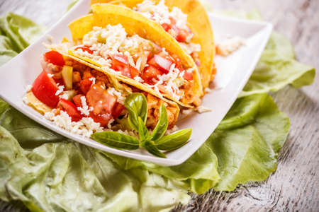 Corn tortilla filled with chicken and saladの写真素材