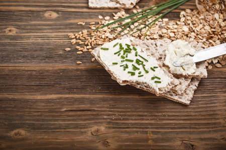 Healthy breakfast with crispbread and cream cheeseの写真素材