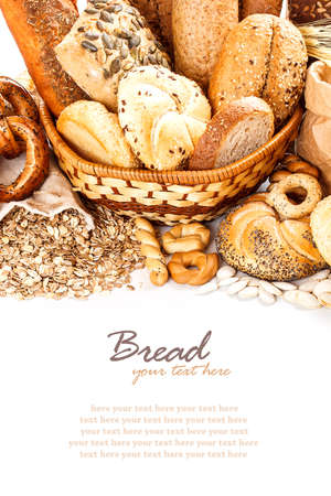 Composition with bread and rolls in wicker basket の写真素材