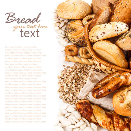 Different kinds of fresh bread over white background 