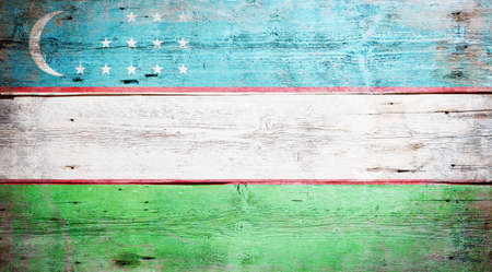Flag of Uzbekistan painted on grungy wood plank background の写真素材