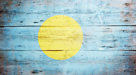 Flag of Palau painted on grungy wood plank background の写真素材