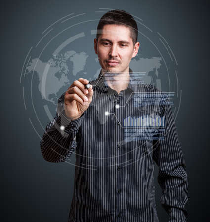 Businessman write virtual graph on digital interface