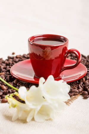 Coffee cup with coffee beans and freesia flowerの写真素材