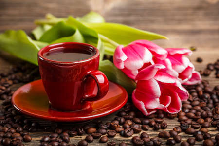 Coffee cup and red tulips の写真素材