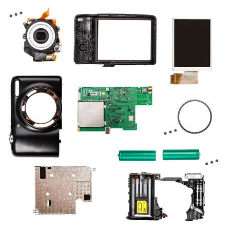 Compact digital photo camera components on white backgroundの写真素材