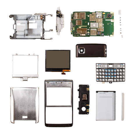 Mobile phone components on white background