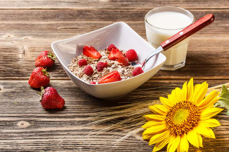 Museli with summer berries and milkの写真素材