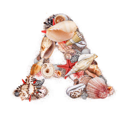 Letter A made of seashell isolated on white backgroundの写真素材