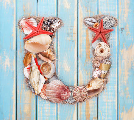 Letter U made of seashell on blue wooden backgroundの写真素材