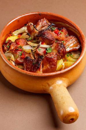 Potatoes baked with pork meat in earthenware の写真素材