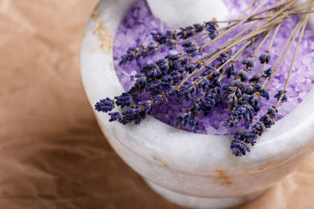 Bath salt for aromatherapy and dried lavenderの写真素材