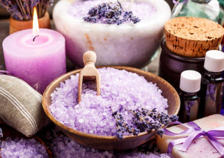 Lavender bath items on wooden backgroundの写真素材