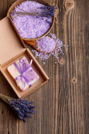 Top view of lavender handmade soap with saltの写真素材