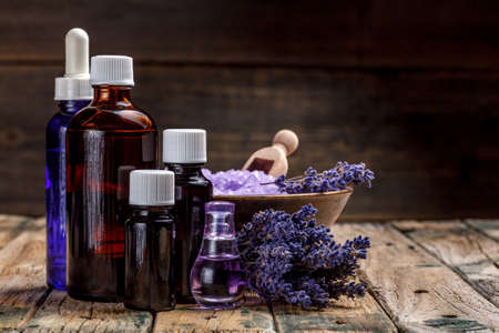 Essential oil and lavender flowersの写真素材