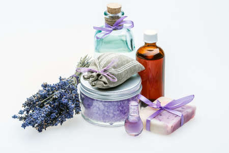 Handmade soap with lavender and sea salt isolated on whiteの写真素材