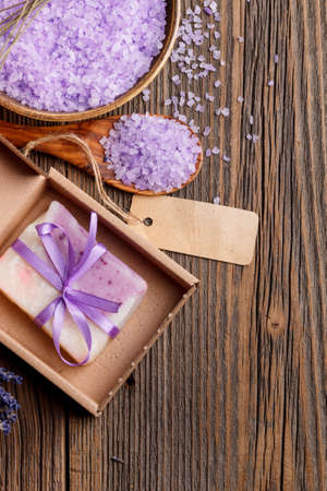 Lavender handmade soap on rustic wooden boardの写真素材