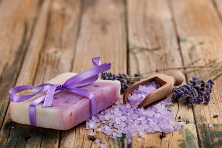 Herbal soap with sea salt and lavender flowersの写真素材