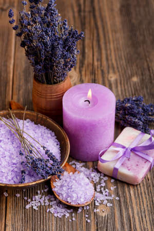 Still life of lavender flower, bath salt, soap and candlesの写真素材