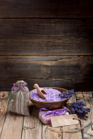 Lavender spa composition on rustic wooden backgroundの写真素材