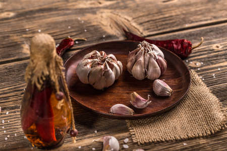 Vintage still life with garlicの写真素材