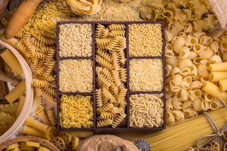 Top view of various types of pastaの写真素材