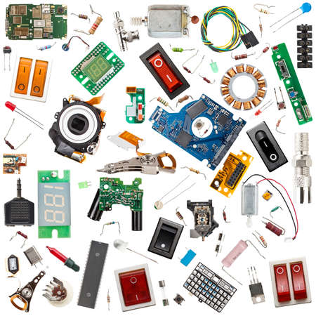 Collection of electronic components isolated in whiteの写真素材