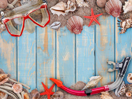 Summer vacation concept on vintage shabby wooden surfaceの写真素材